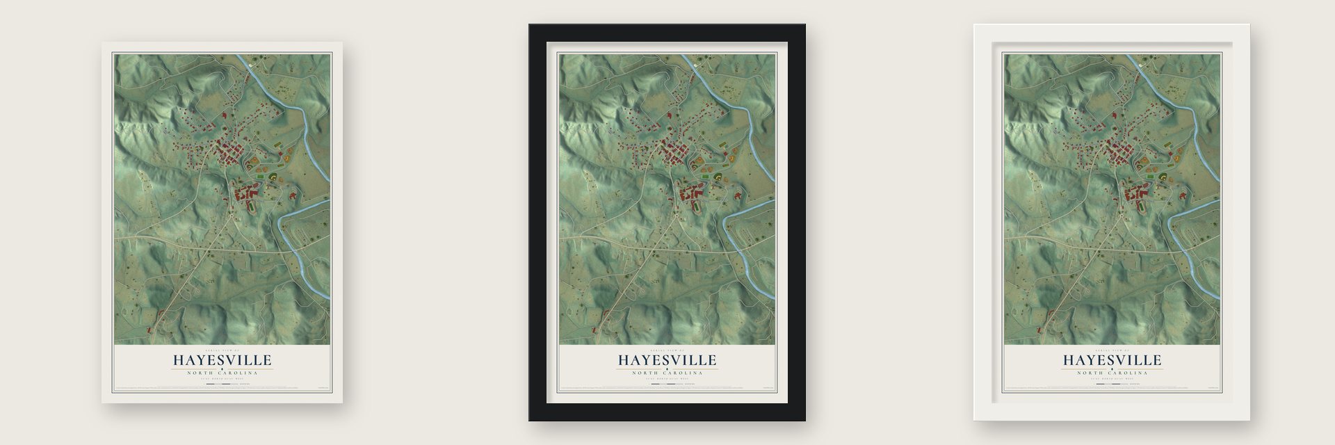Hayesville, North Carolina map unframed, in a black wood frame and in a white wood frame