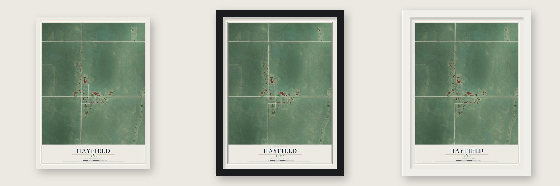 Hayfield, Iowa map unframed, in a black wood frame and in a white wood frame