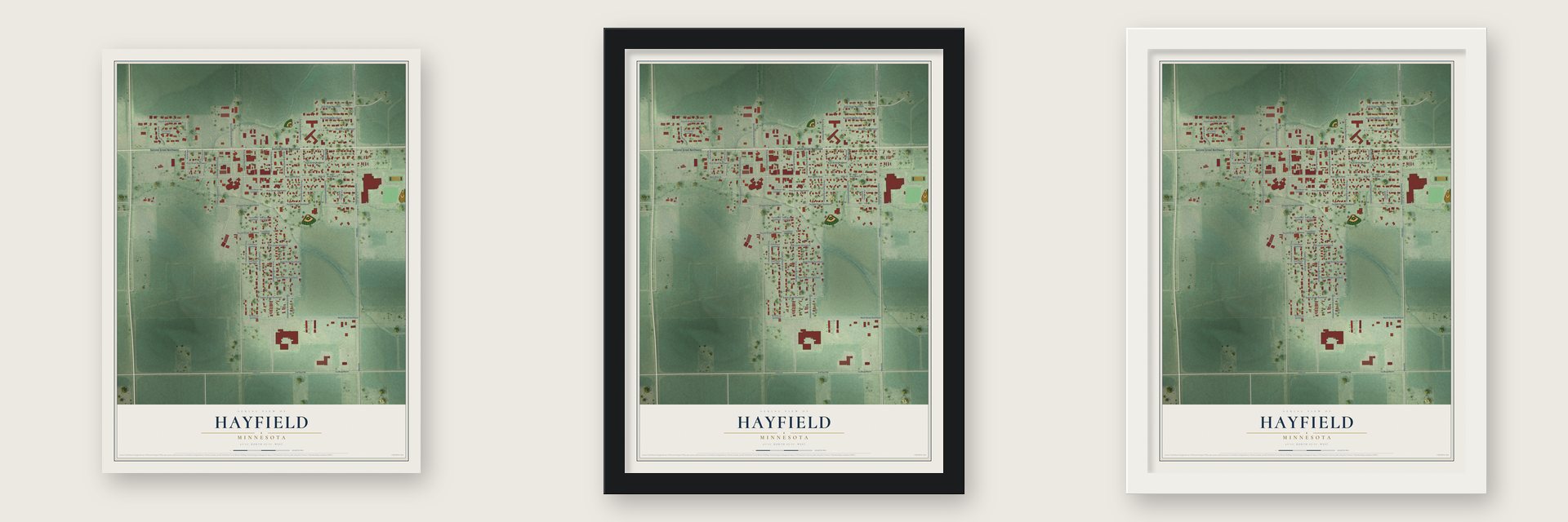 Hayfield, Minnesota map unframed, in a black wood frame and in a white wood frame