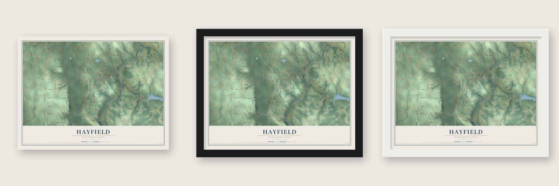 Hayfield, Pennsylvania map unframed, in a black wood frame and in a white wood frame