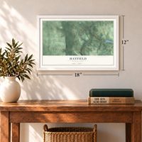 Hayfield, Pennsylvania map, 12 x 18 inch print in a white frame in an entryway