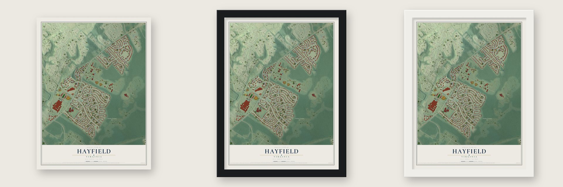Hayfield, Virginia map unframed, in a black wood frame and in a white wood frame