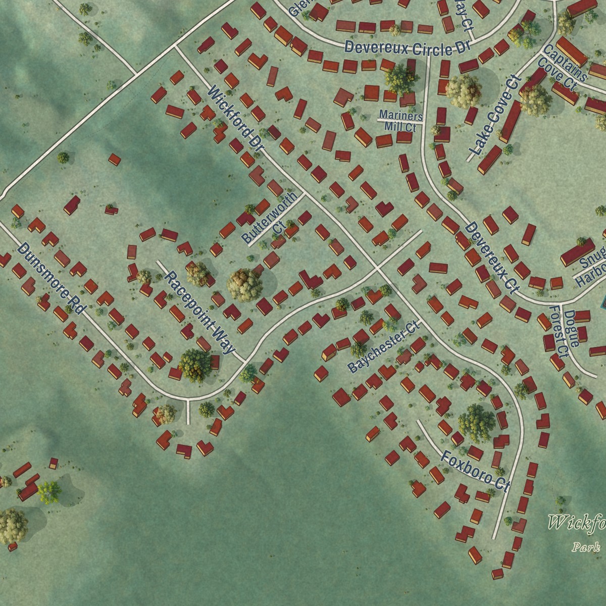 Second close-up of the map of Hayfield, Virginia print showing more streets and buildings