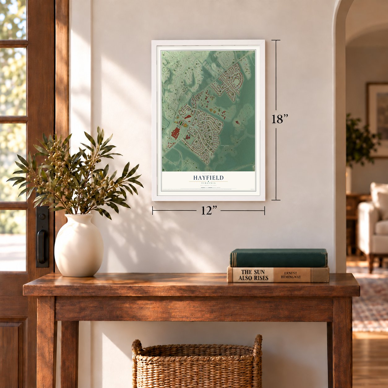 Hayfield, Virginia map, 12 x 18 inch print in a white frame in an entryway