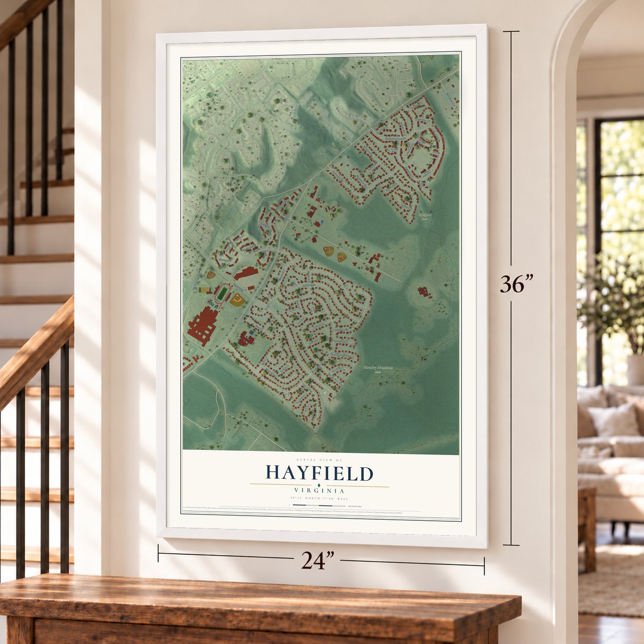 Hayfield, Virginia map, 24 x 36 inch print in a white frame by a staircase