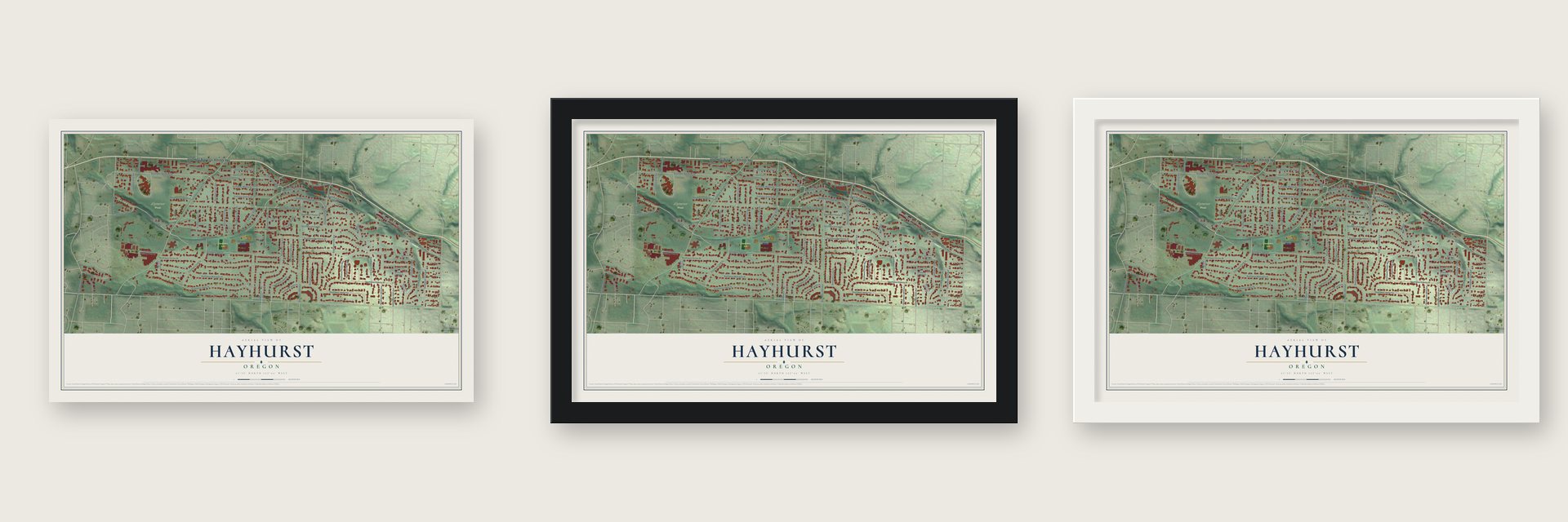 Hayhurst, Oregon map unframed, in a black wood frame and in a white wood frame
