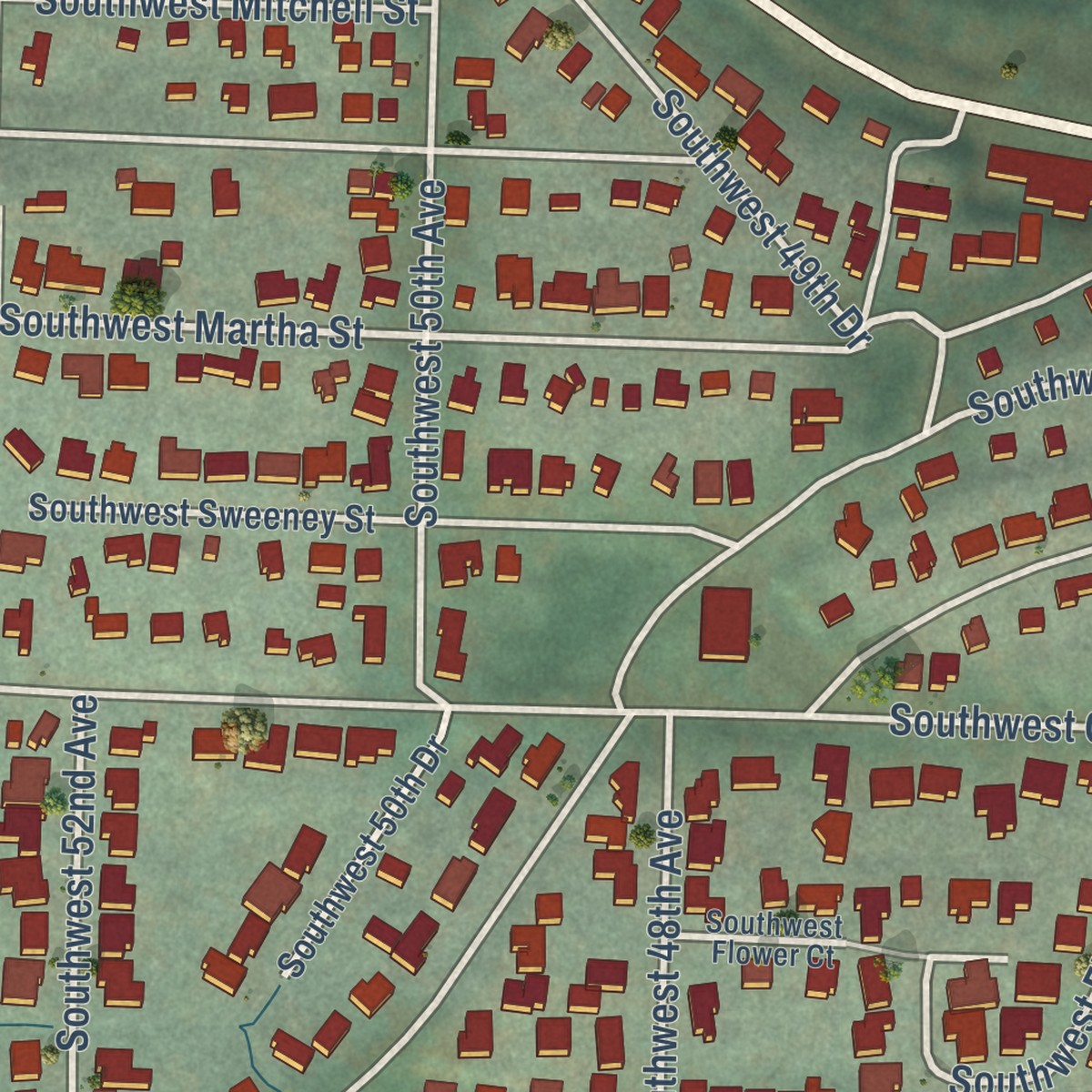 Second close-up of the map of Hayhurst, Oregon print showing more streets and buildings