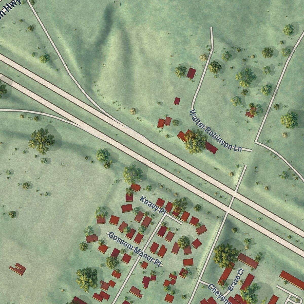 Second close-up of the map of Haymarket, Virginia print showing more streets and buildings