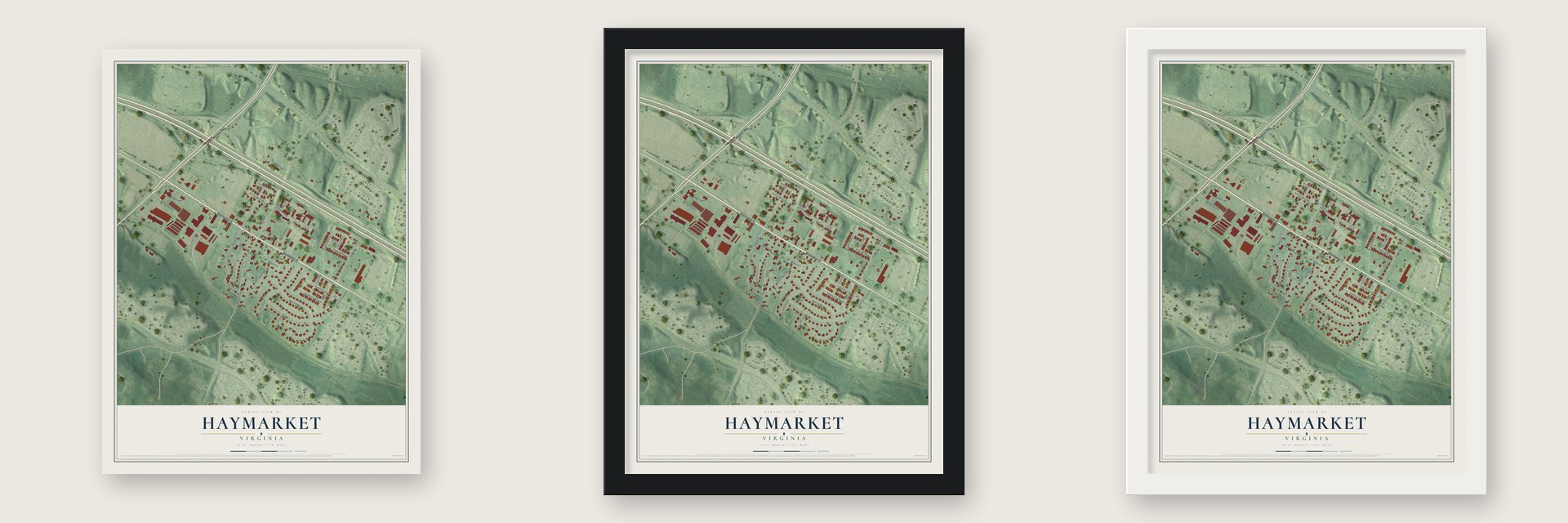 Haymarket, Virginia map unframed, in a black wood frame and in a white wood frame