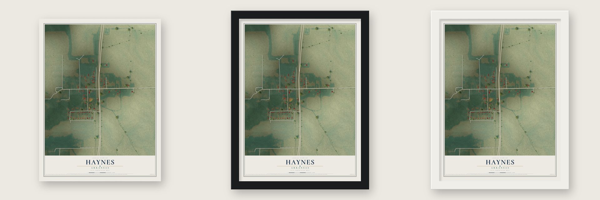 Haynes, Arkansas map unframed, in a black wood frame and in a white wood frame