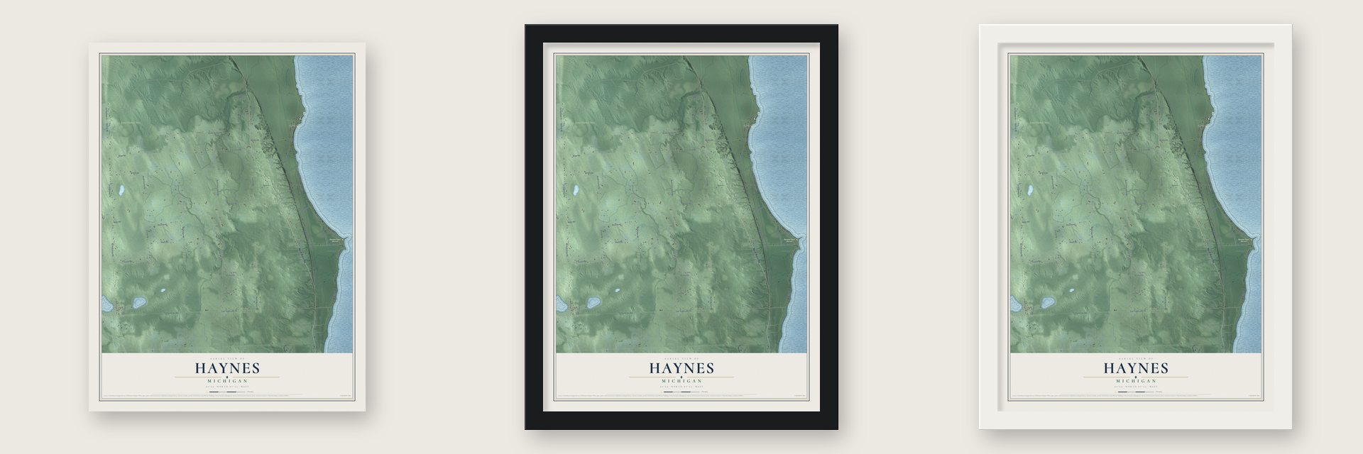 Haynes, Michigan map unframed, in a black wood frame and in a white wood frame