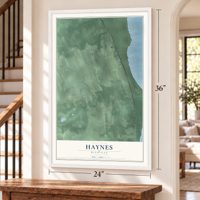 Haynes, Michigan map, 24 x 36 inch print in a white frame by a staircase