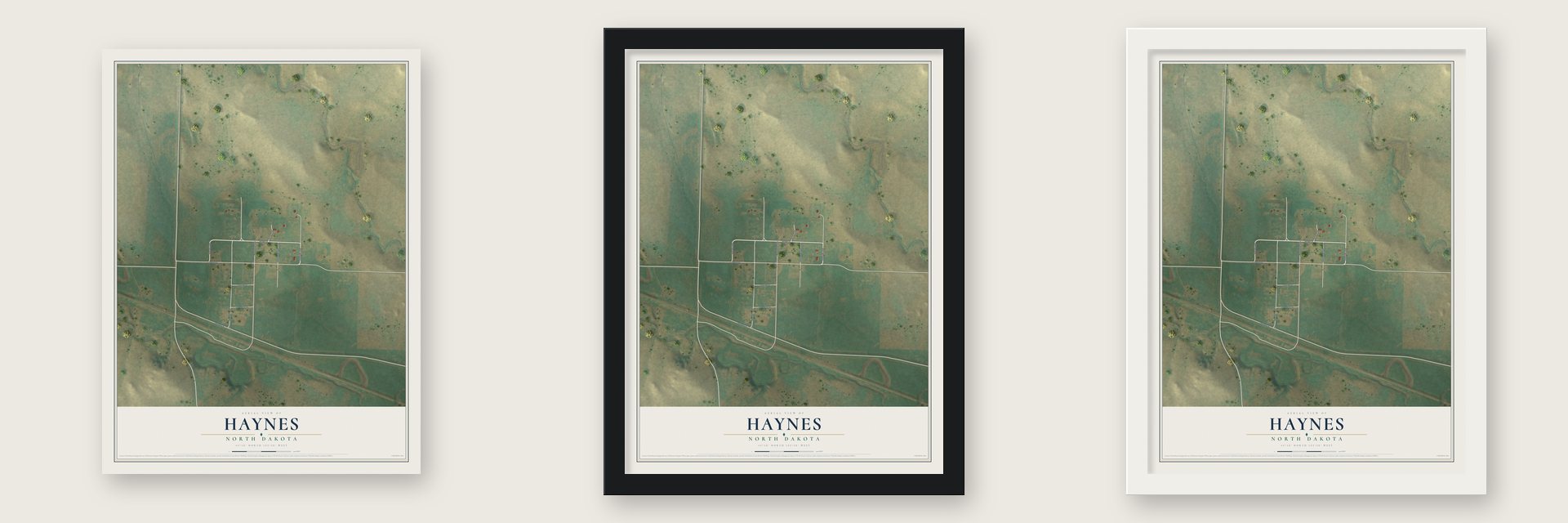Haynes, North Dakota map unframed, in a black wood frame and in a white wood frame
