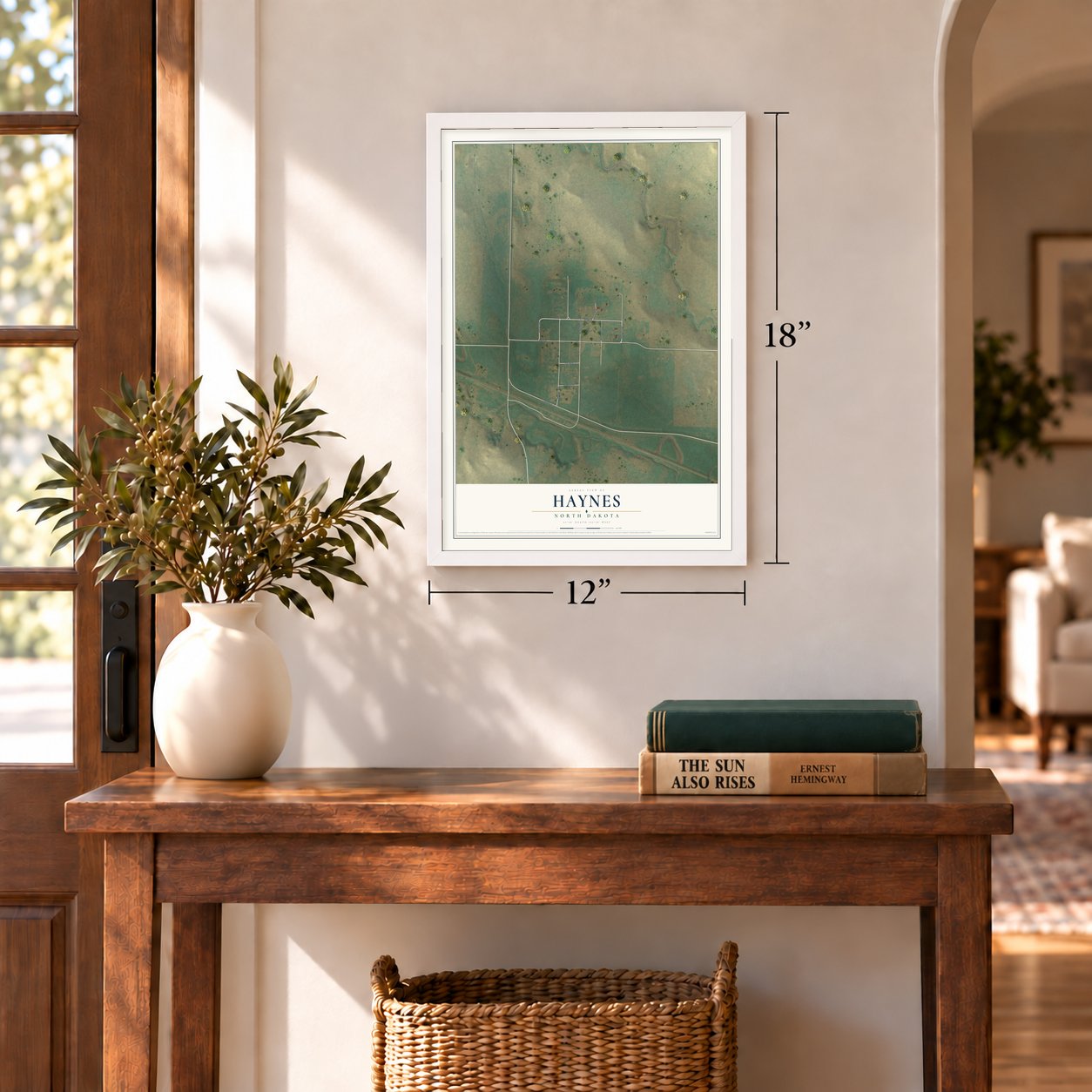 Haynes, North Dakota map, 12 x 18 inch print in a white frame in an entryway