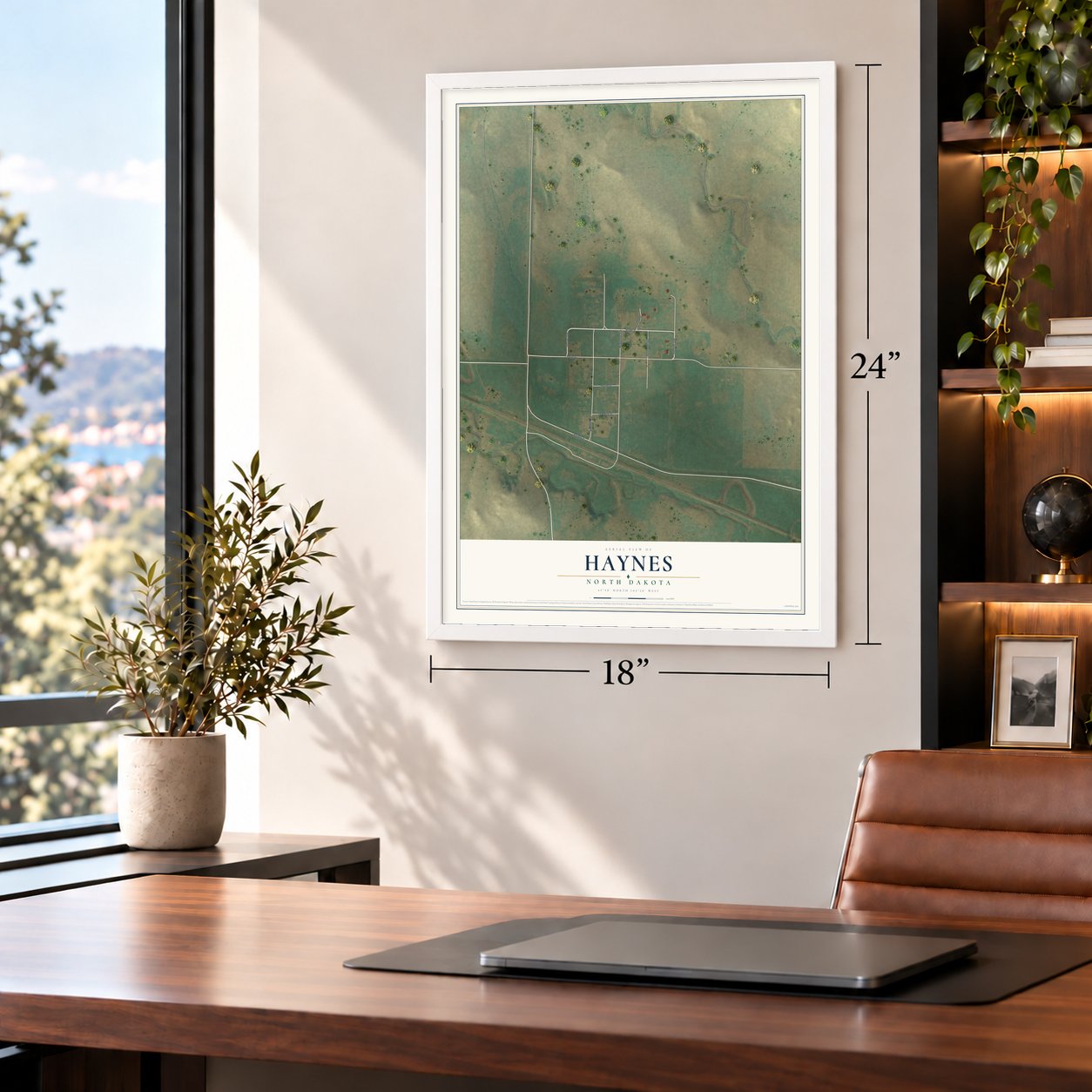 Haynes, North Dakota map, 18 x 24 inch print in a white frame in a home office