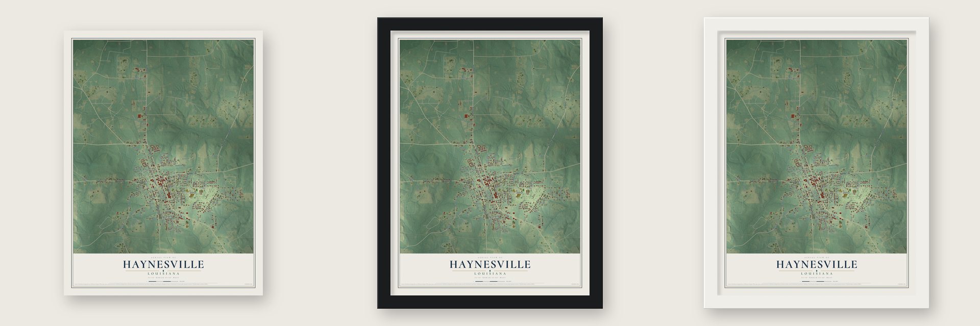 Haynesville, Louisiana map unframed, in a black wood frame and in a white wood frame