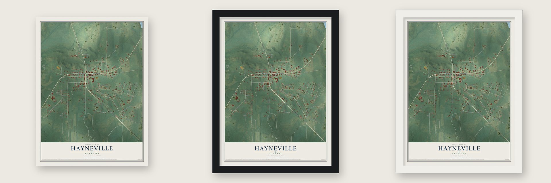 Hayneville, Alabama map unframed, in a black wood frame and in a white wood frame