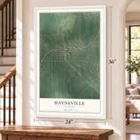 Hayneville, Alabama map, 24 x 36 inch print in a white frame by a staircase