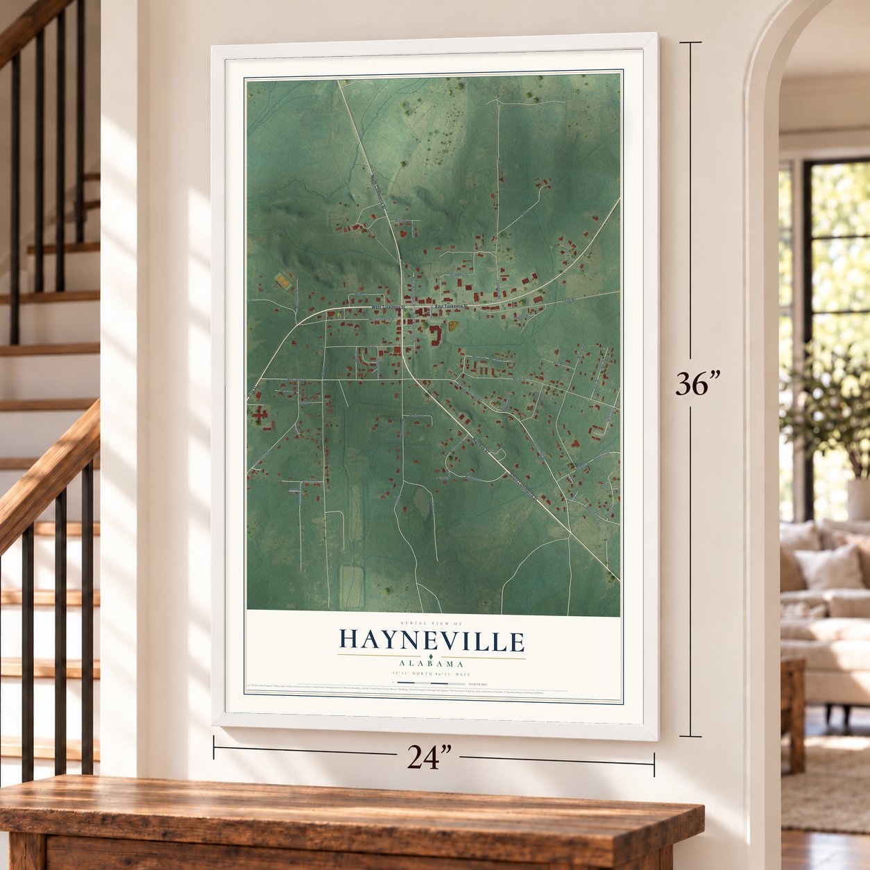 Hayneville, Alabama map, 24 x 36 inch print in a white frame by a staircase