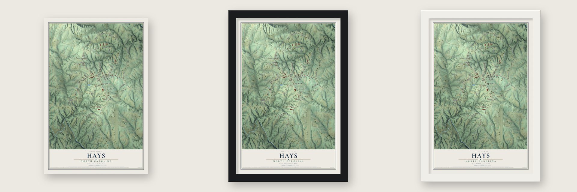 Hays, North Carolina map unframed, in a black wood frame and in a white wood frame