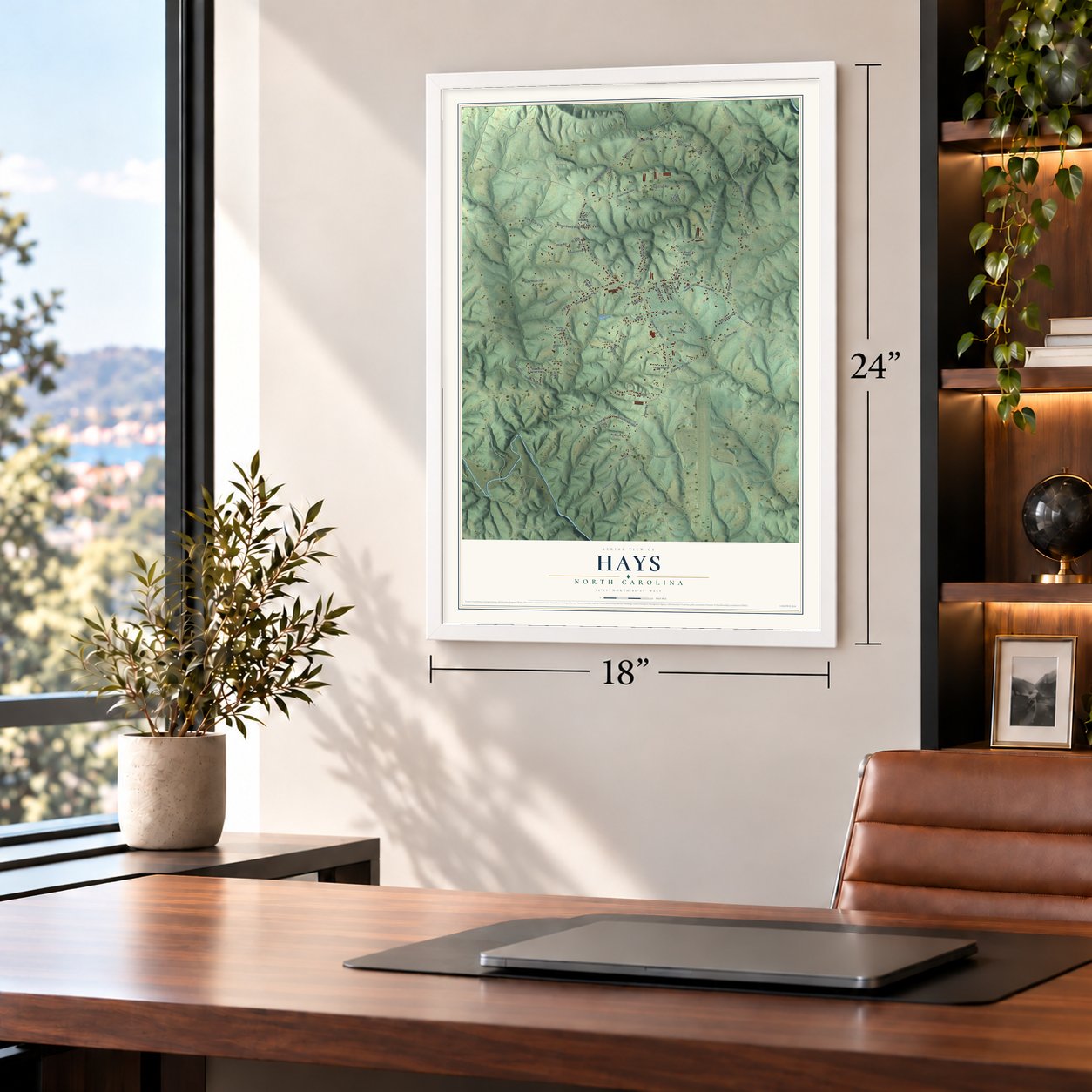 Hays, North Carolina map, 18 x 24 inch print in a white frame in a home office
