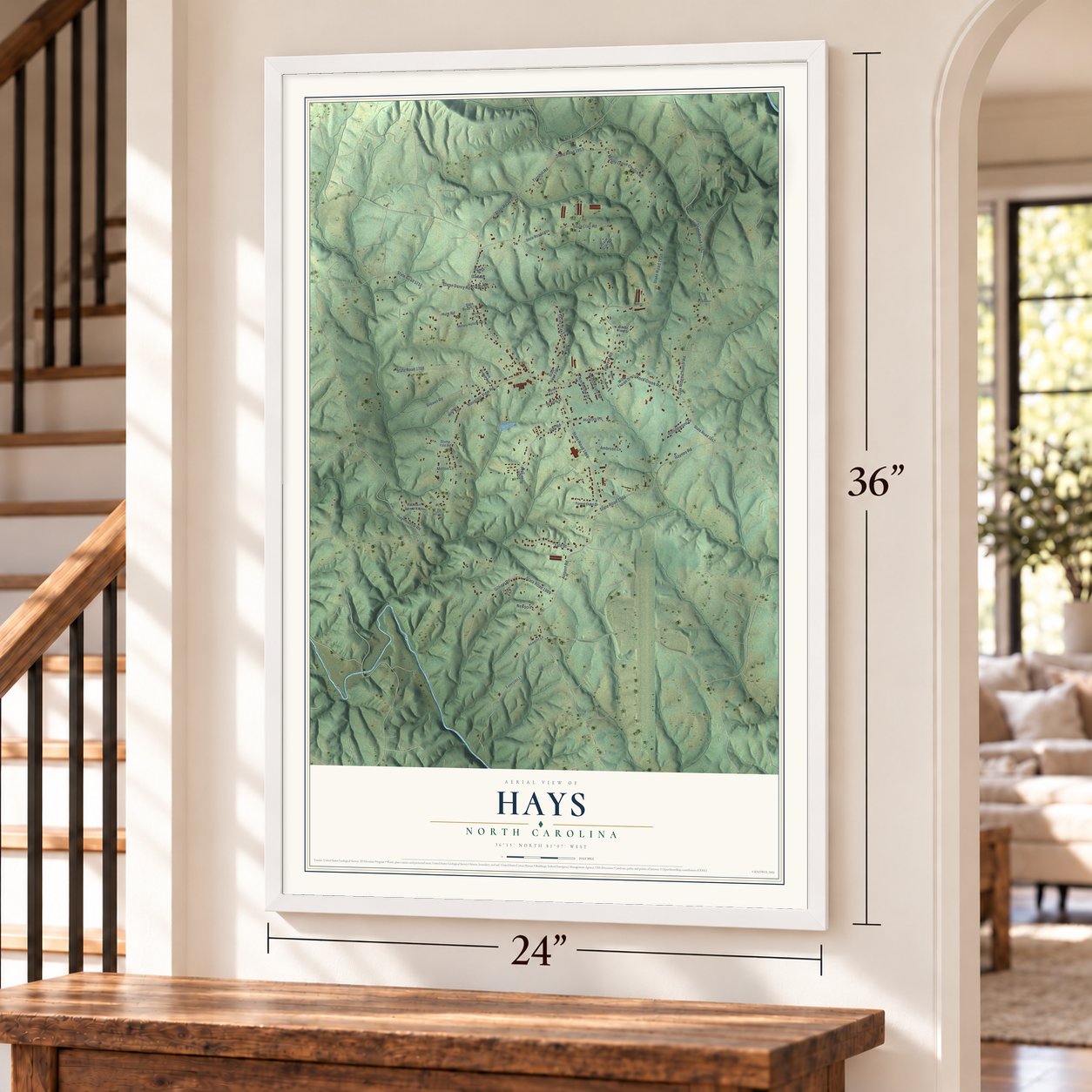 Hays, North Carolina map, 24 x 36 inch print in a white frame by a staircase