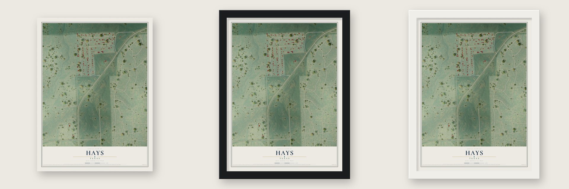 Hays, Texas map unframed, in a black wood frame and in a white wood frame