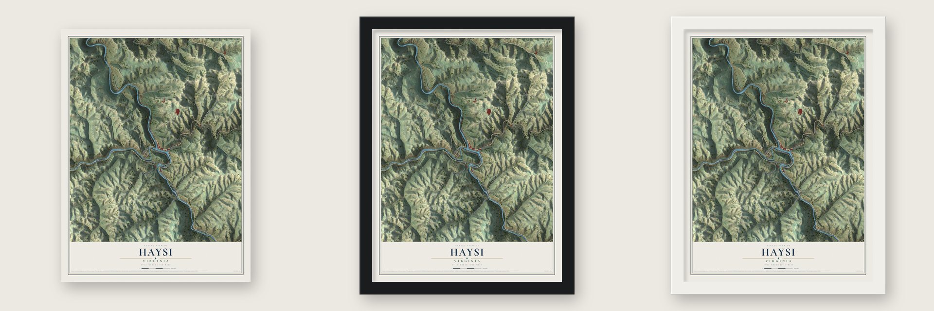 Haysi, Virginia map unframed, in a black wood frame and in a white wood frame
