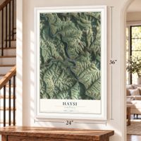 Haysi, Virginia map, 24 x 36 inch print in a white frame by a staircase