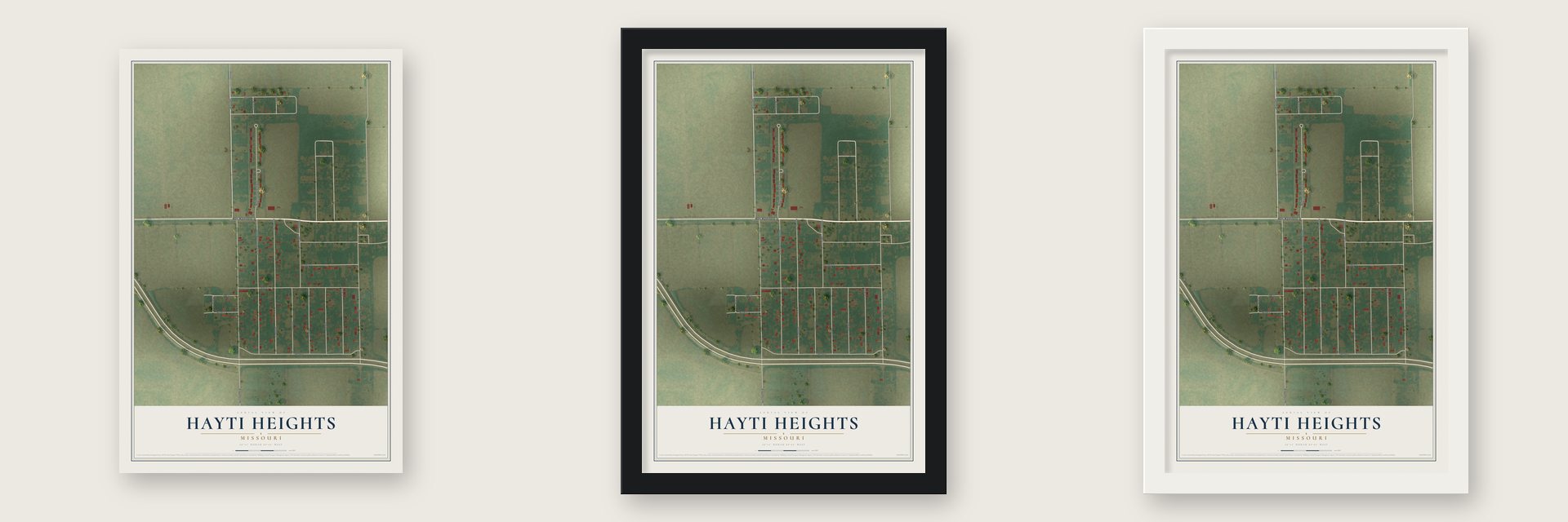 Hayti Heights, Missouri map unframed, in a black wood frame and in a white wood frame