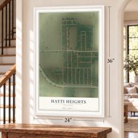 Hayti Heights, Missouri map, 24 x 36 inch print in a white frame by a staircase