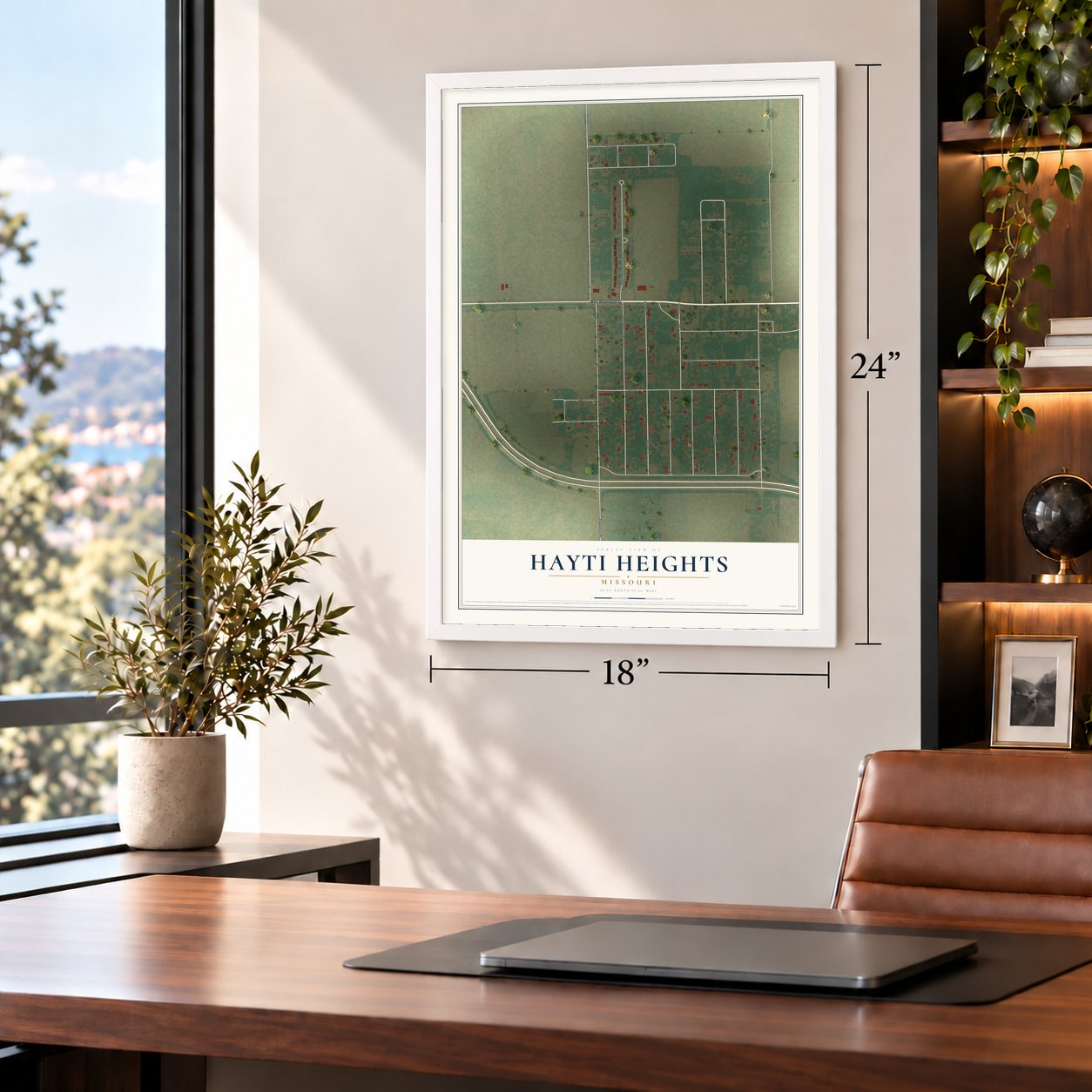 Hayti Heights, Missouri map, 18 x 24 inch print in a white frame in a home office