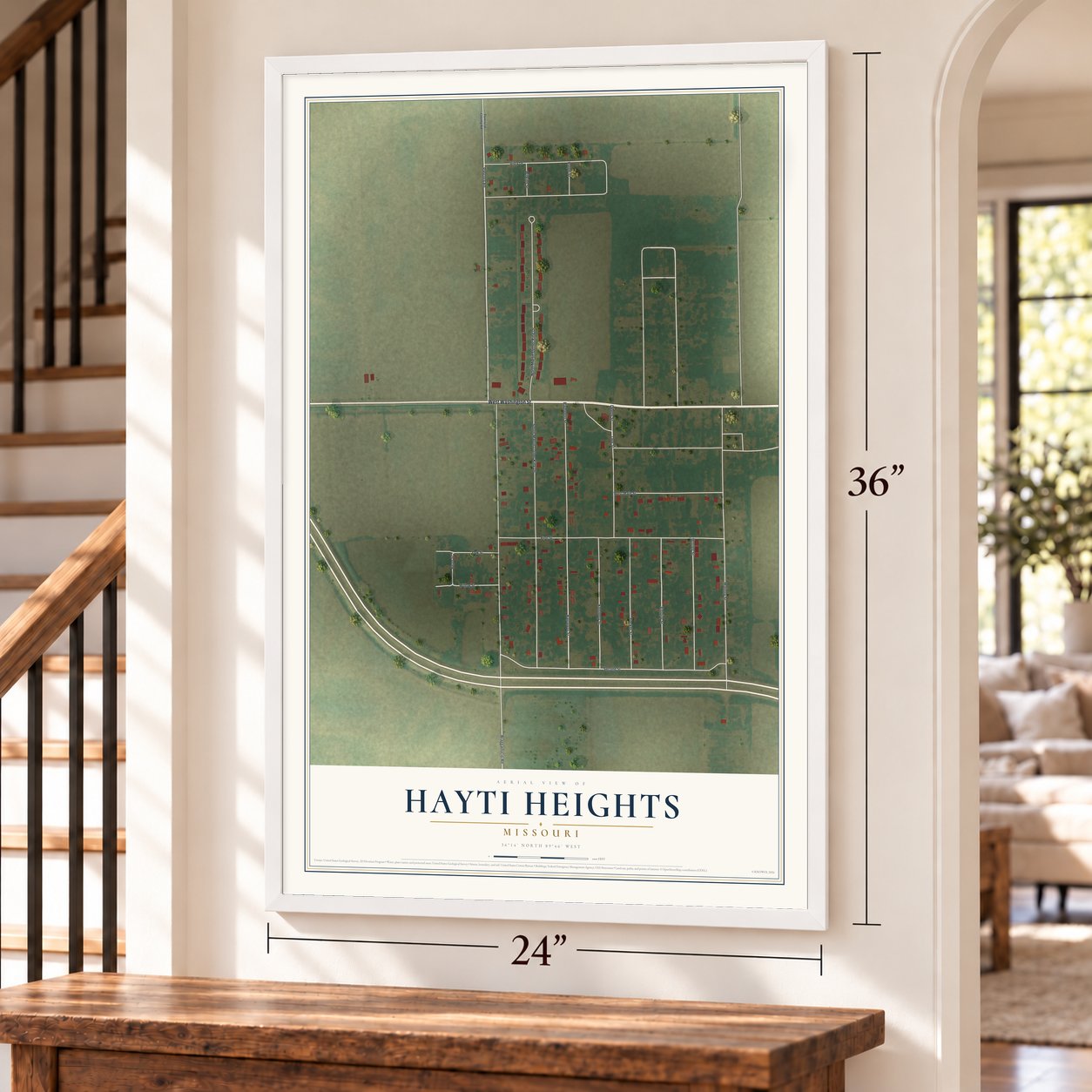 Hayti Heights, Missouri map, 24 x 36 inch print in a white frame by a staircase