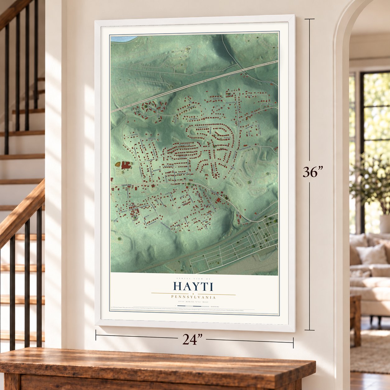 Hayti, Pennsylvania map, 24 x 36 inch print in a white frame by a staircase