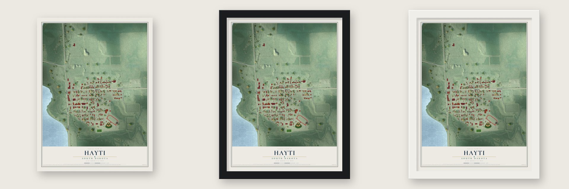 Hayti, South Dakota map unframed, in a black wood frame and in a white wood frame