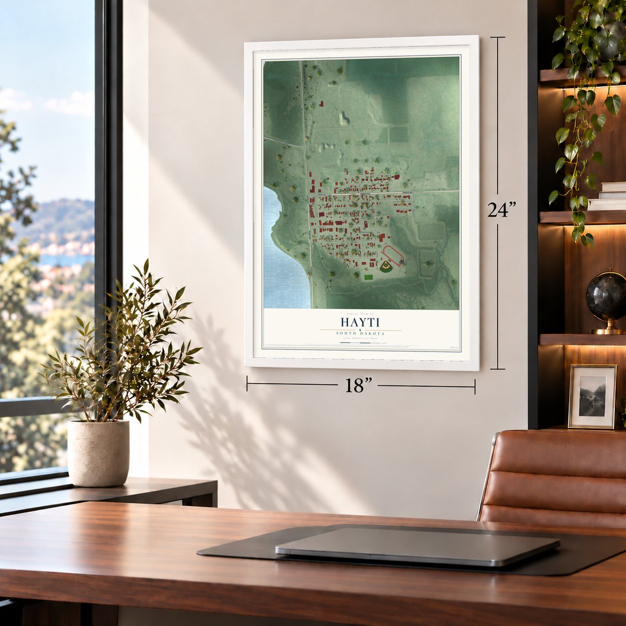 Hayti, South Dakota map, 18 x 24 inch print in a white frame in a home office