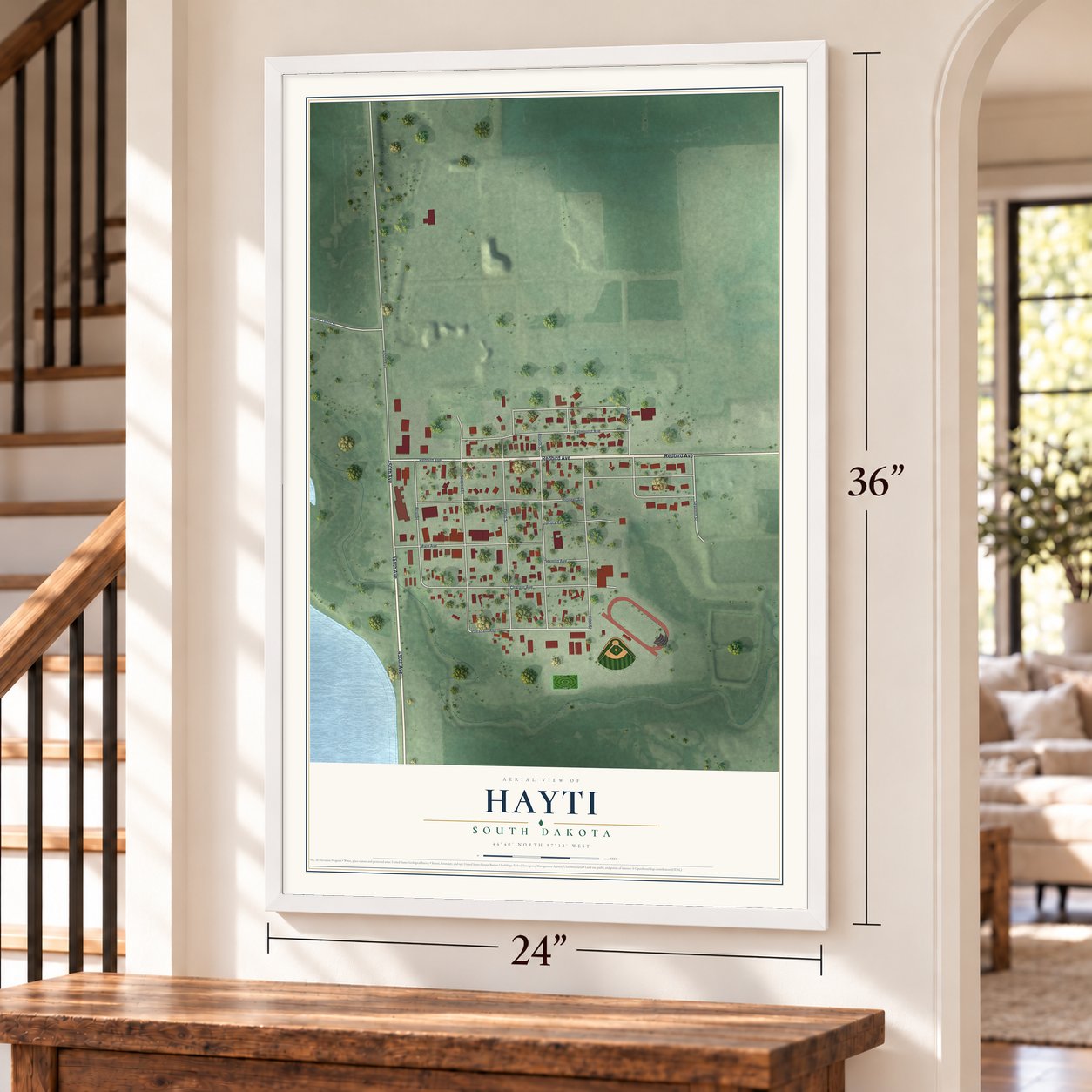 Hayti, South Dakota map, 24 x 36 inch print in a white frame by a staircase