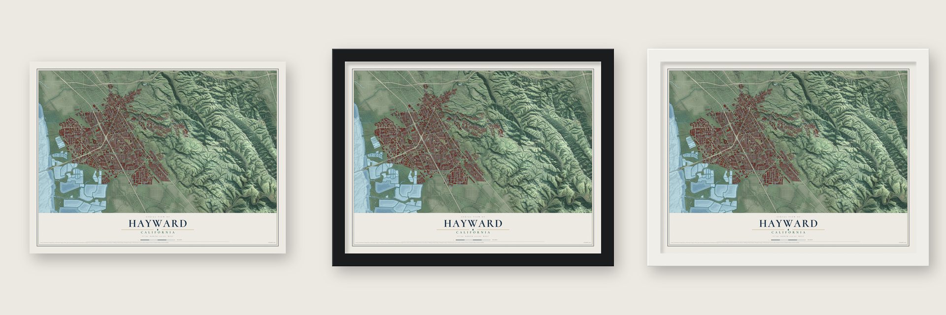 Hayward, California map unframed, in a black wood frame and in a white wood frame