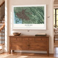 Hayward, California map, 24 x 36 inch print in a white frame above a dresser by a staircase