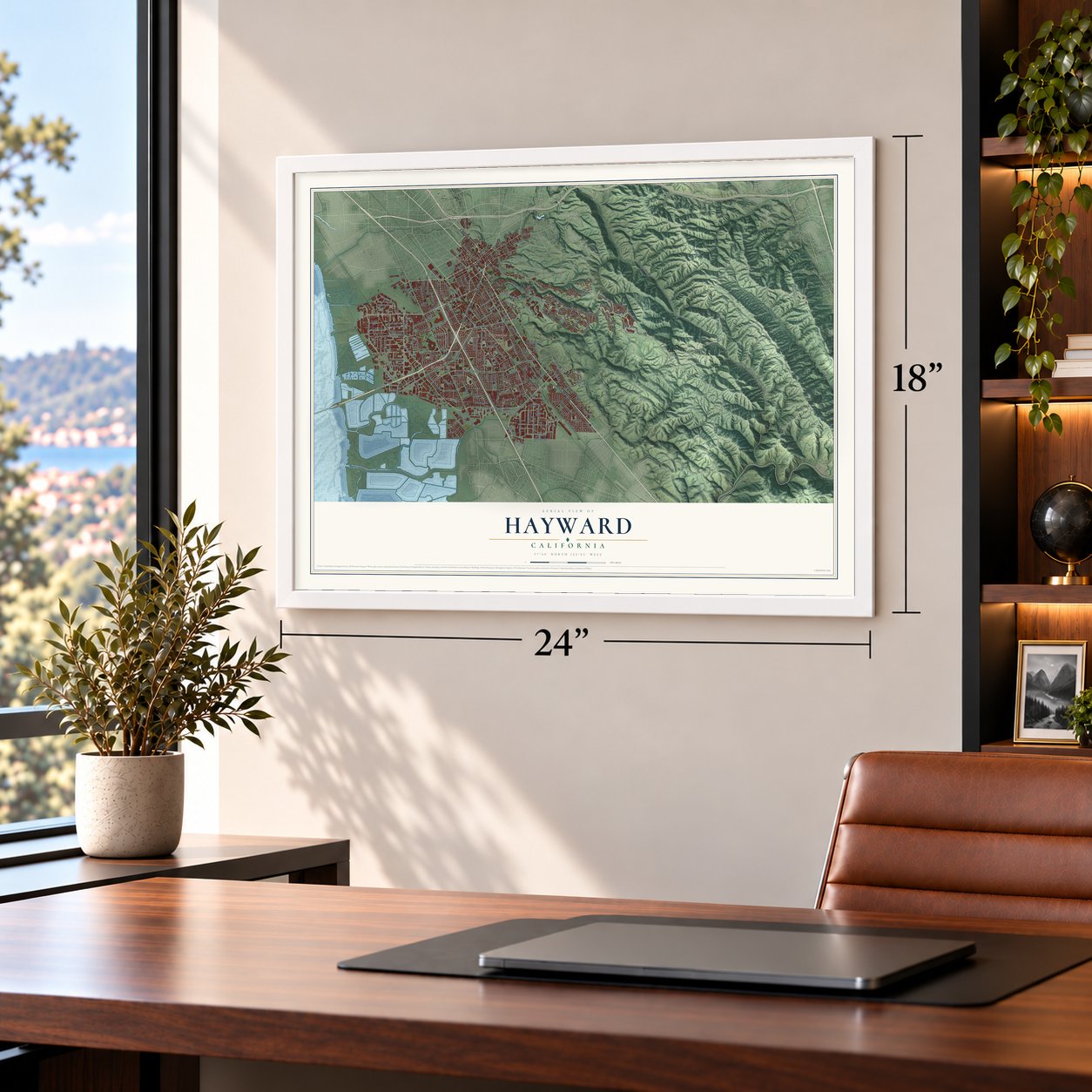 Hayward, California map, 18 x 24 inch print in a white frame in a home office