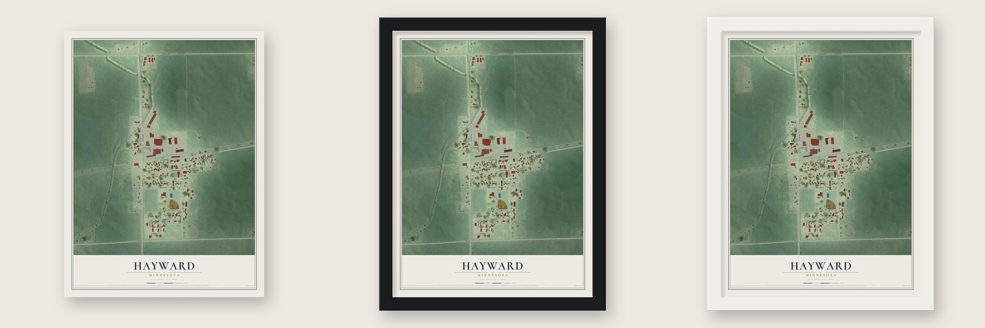 Hayward, Minnesota map unframed, in a black wood frame and in a white wood frame