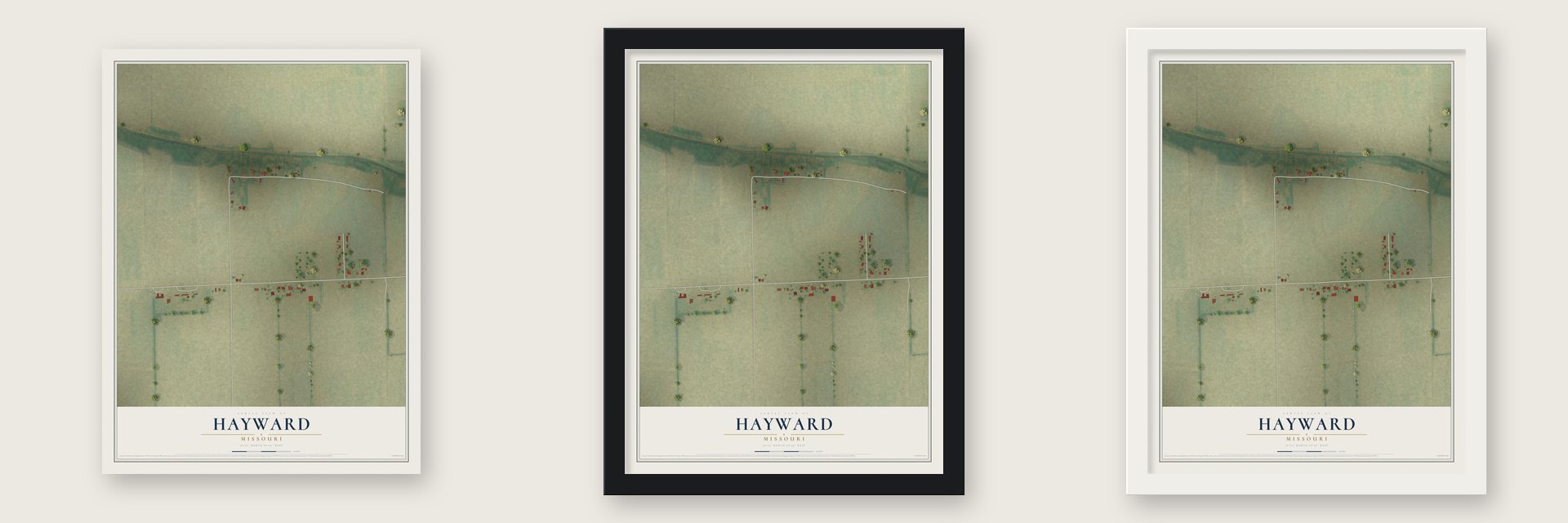 Hayward, Missouri map unframed, in a black wood frame and in a white wood frame