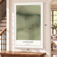 Hayward, Missouri map, 24 x 36 inch print in a white frame by a staircase