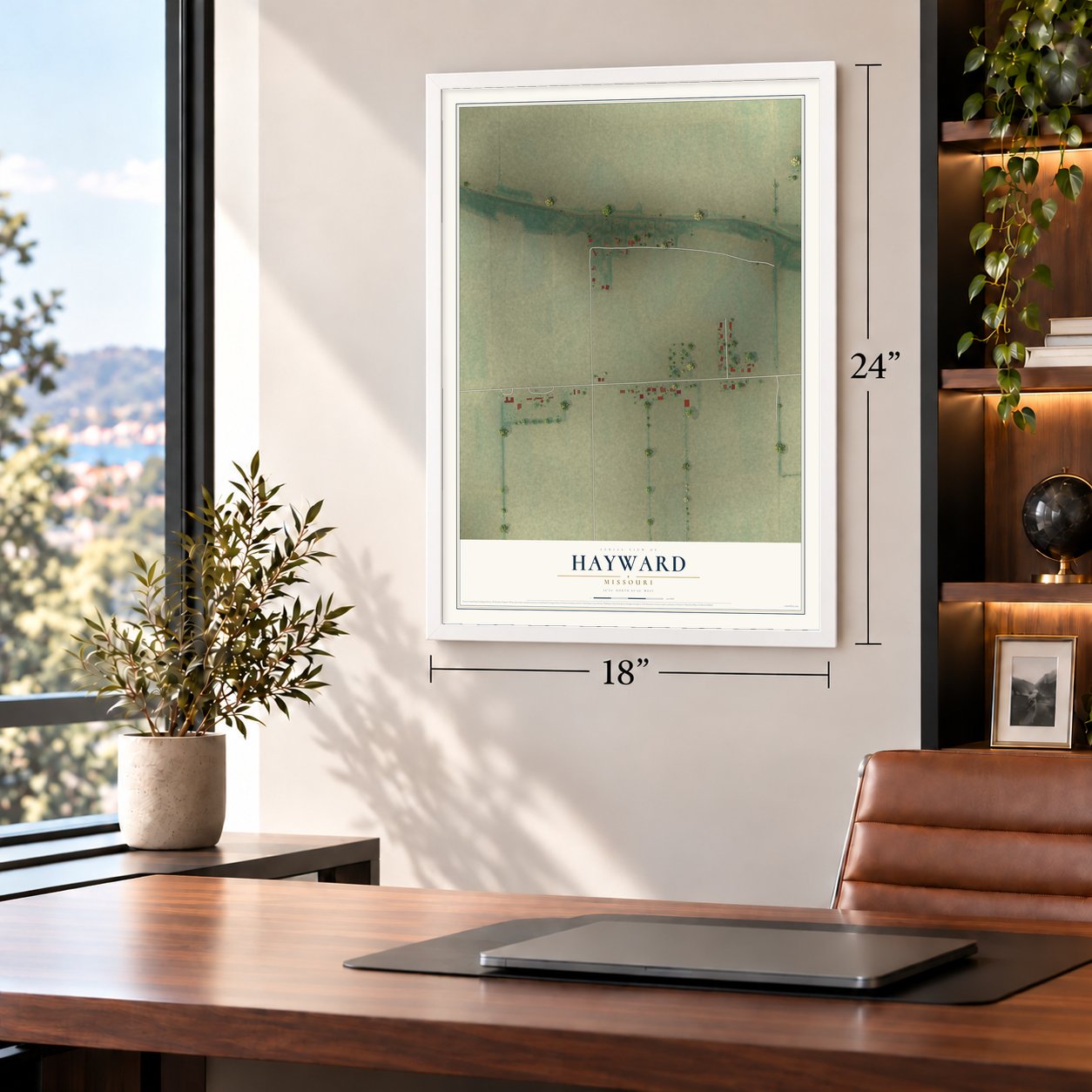 Hayward, Missouri map, 18 x 24 inch print in a white frame in a home office