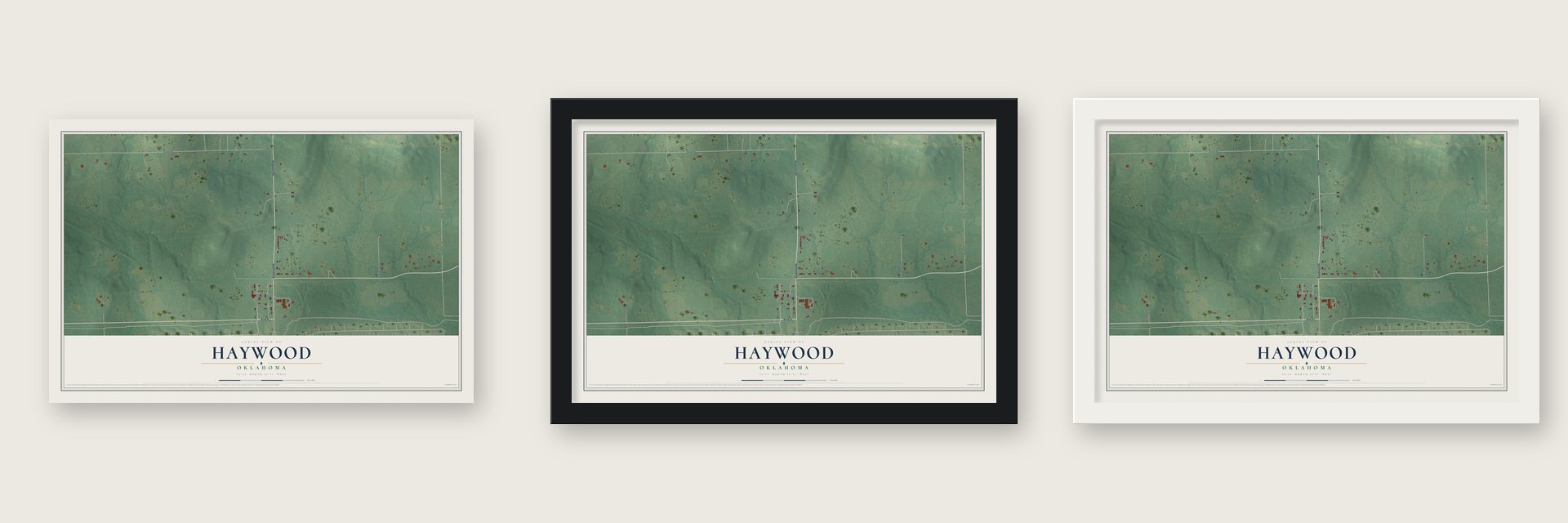 Haywood, Oklahoma map unframed, in a black wood frame and in a white wood frame