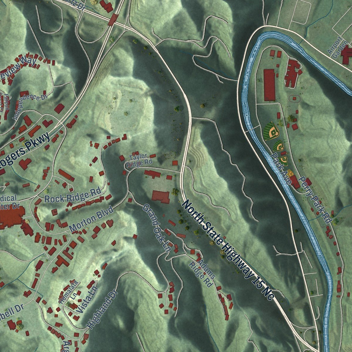 Second close-up of the map of Hazard, Kentucky print showing more streets and buildings