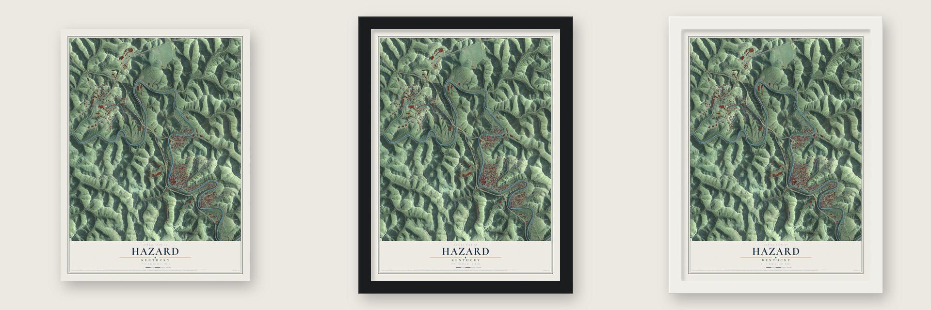 Hazard, Kentucky map unframed, in a black wood frame and in a white wood frame