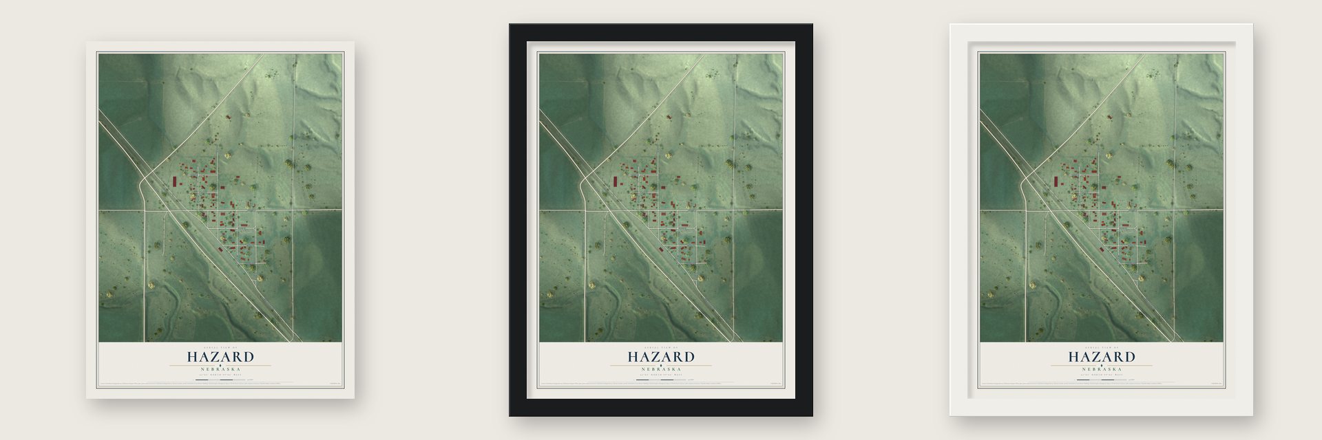 Hazard, Nebraska map unframed, in a black wood frame and in a white wood frame