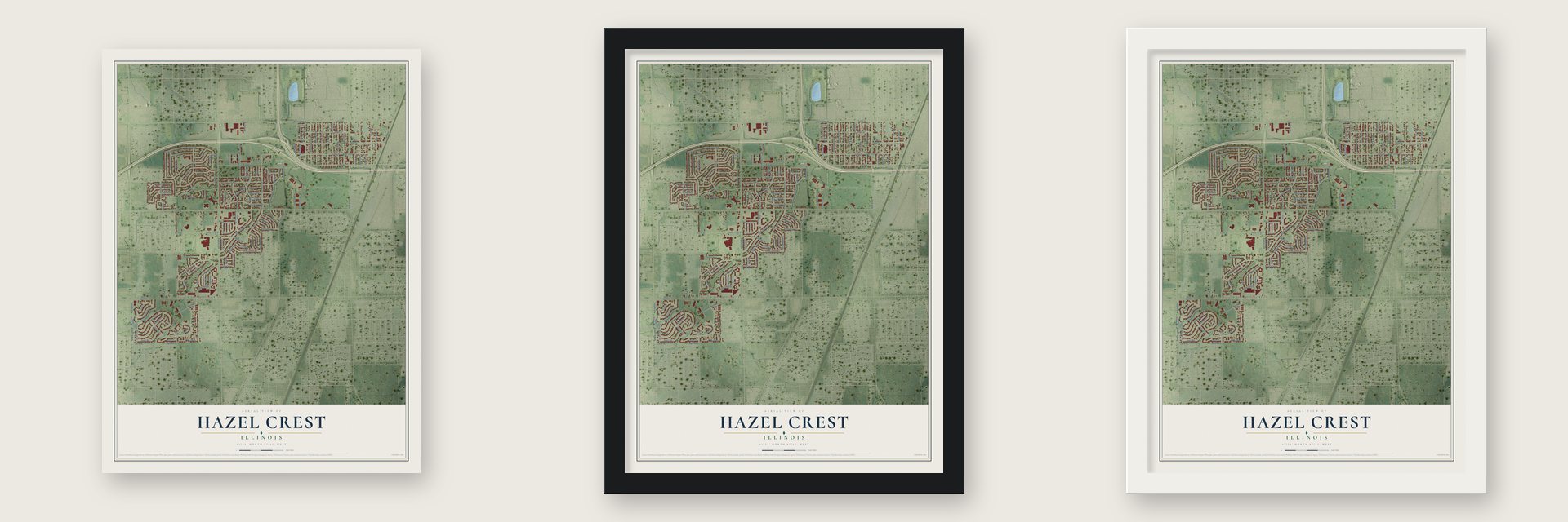 Hazel Crest, Illinois map unframed, in a black wood frame and in a white wood frame