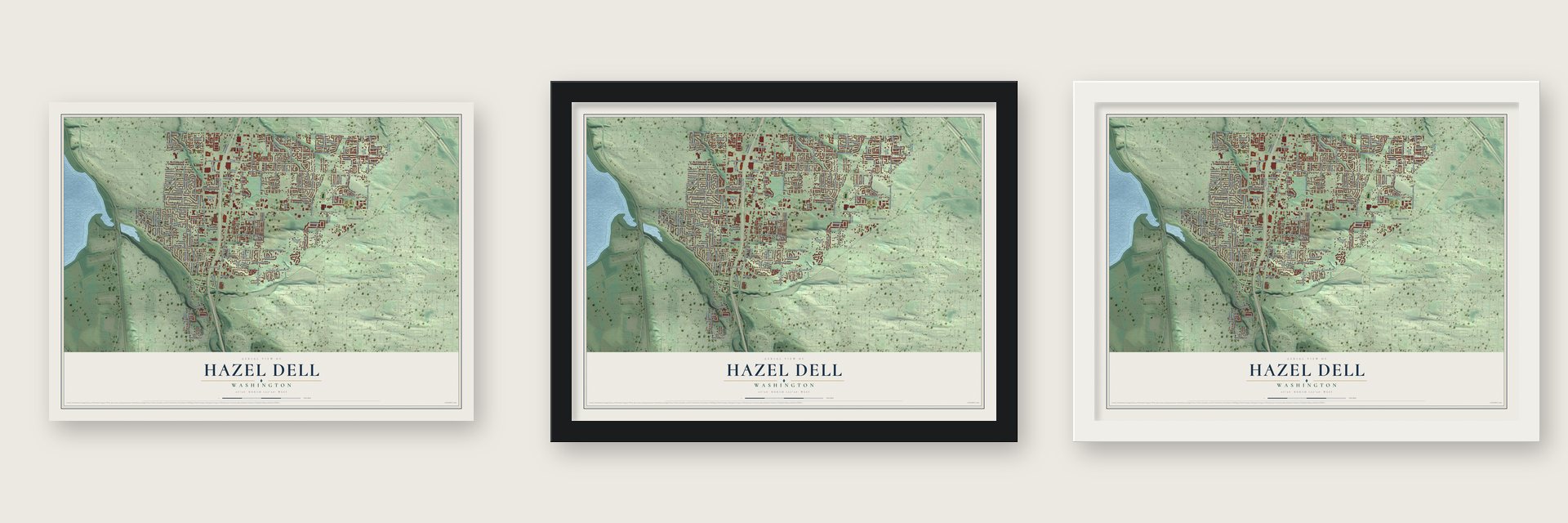 Hazel Dell, Washington map unframed, in a black wood frame and in a white wood frame
